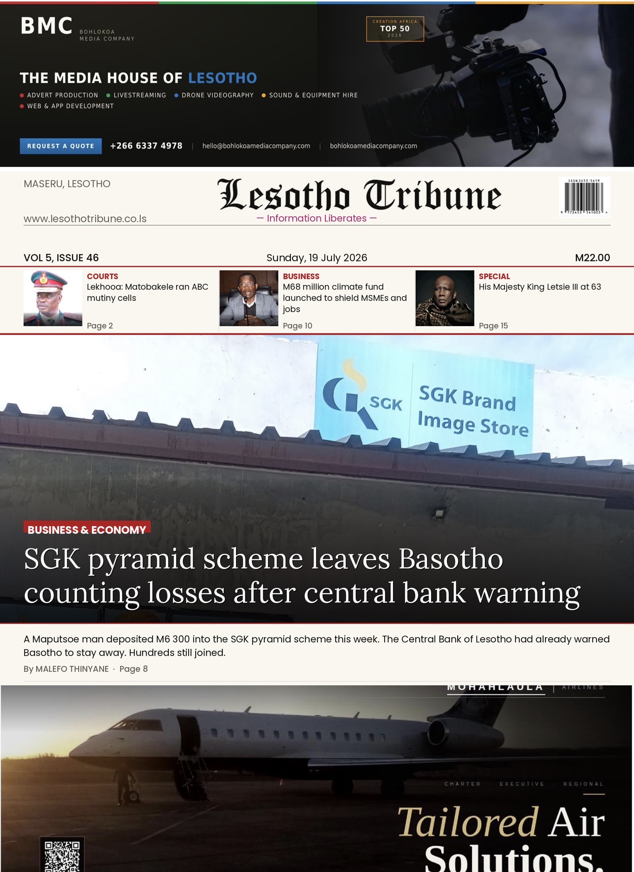 Lesotho Tribune Newspaper, Sunday, 19 July 2026